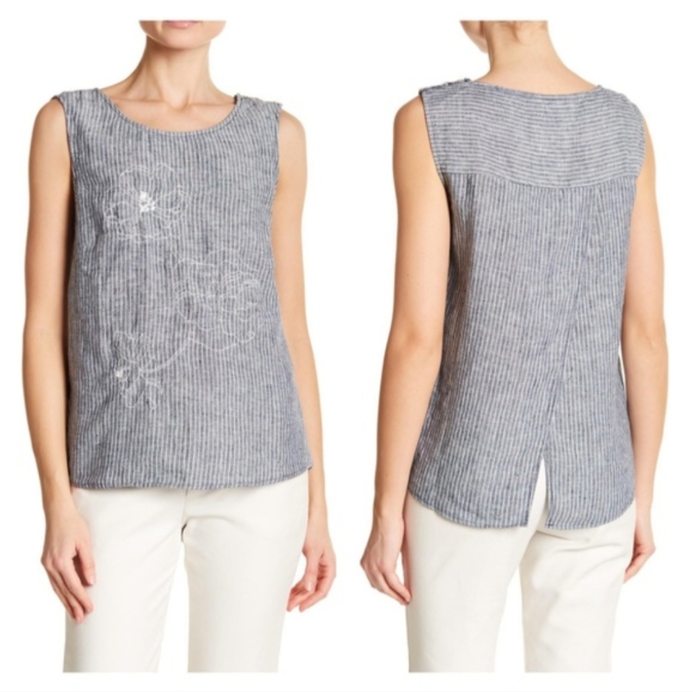 Ellen Tracy Navy Striped Open Back Embroidered Linen Sleeveless Top, size M
